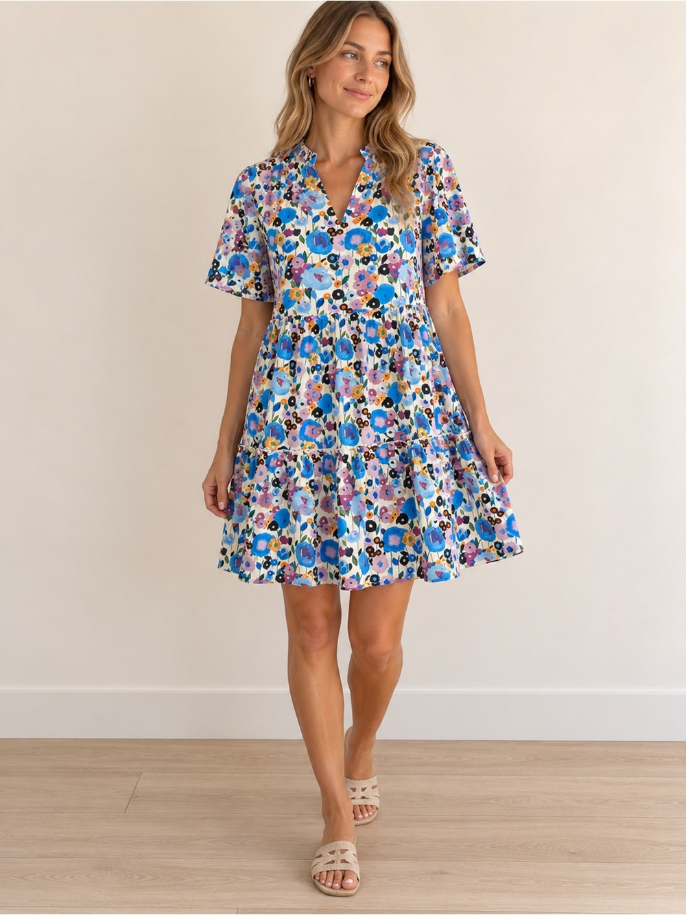 Mini Wardrobe Girls' Blue Floral Tiered Dress
